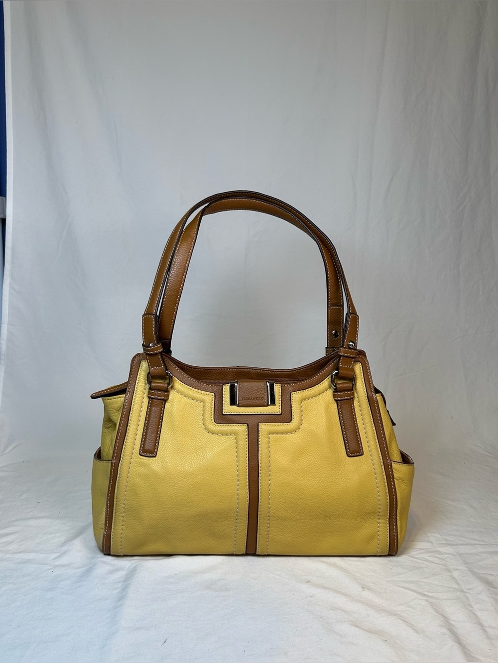 Tignanello Yellow Pebbled Leather Brown Trim Satchel Handbag